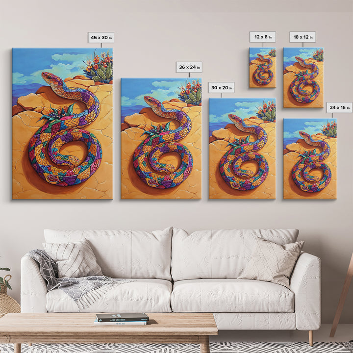Coiled Snake, Vibrant Snake Art, Desert Landscape, Wildlife Art, Southwest Wall Art, Unique Decor, Framed Canvas Print