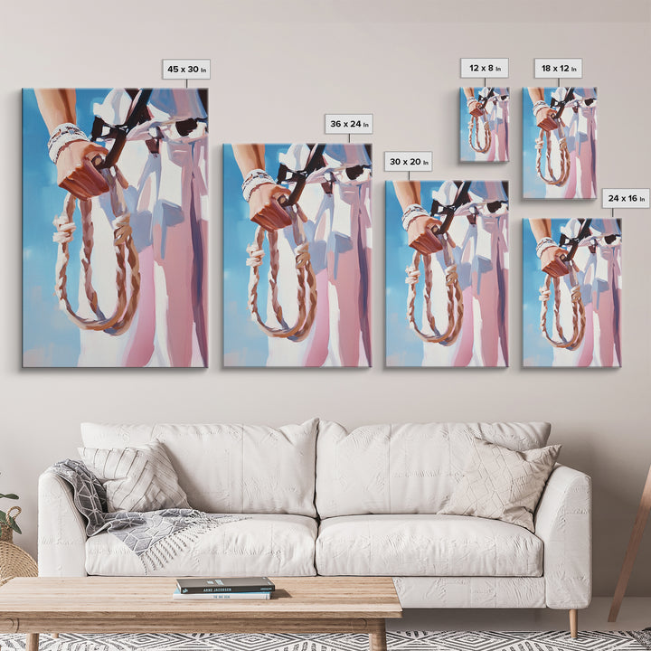 Cowgirl Holding Rope, Black Cowgirl Painting, Framed Canvas Print, Rustic Decor, Western Art, Feminine Art, Light Pink Wall Art