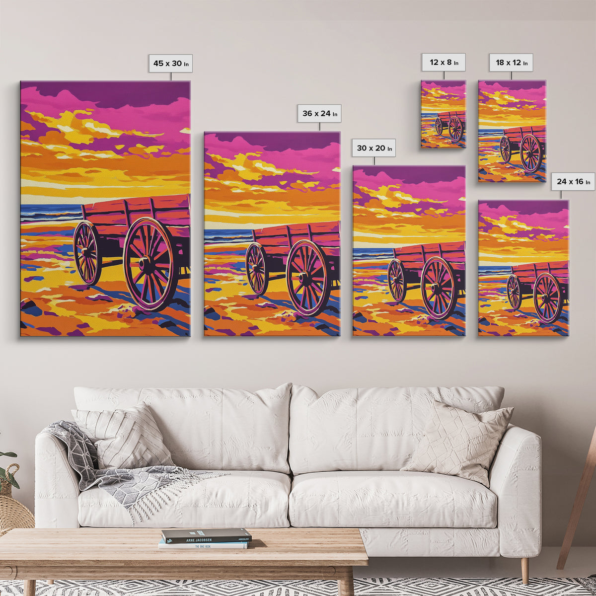 Western beach wagon, rustic decor, pink orange wall art, coastal cowgirl wall art, framed canvas print, above sofa art, boho art