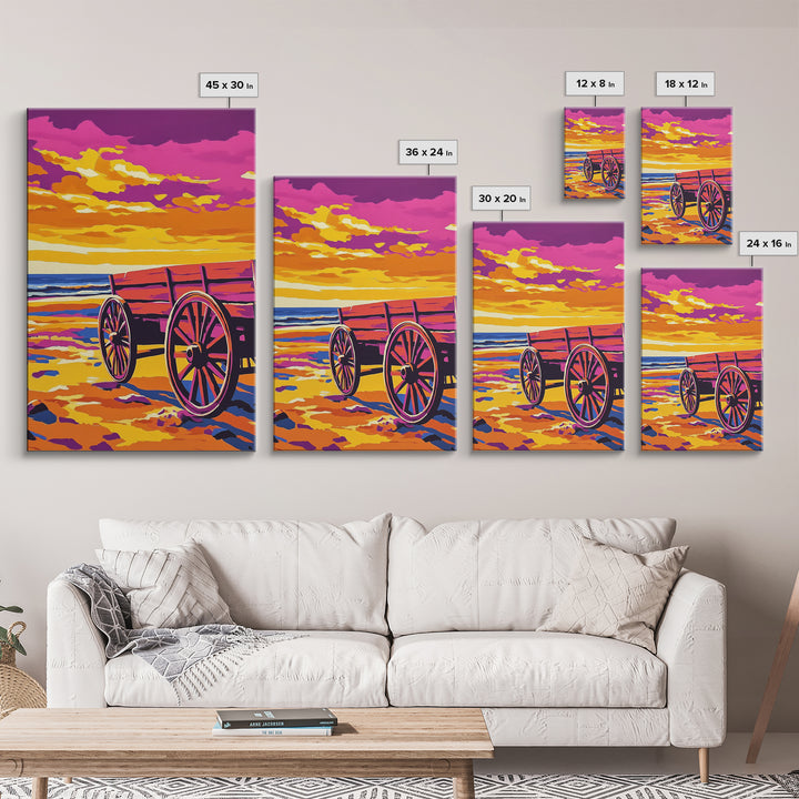 Western beach wagon, rustic decor, pink orange wall art, coastal cowgirl wall art, framed canvas print, above sofa art, boho art