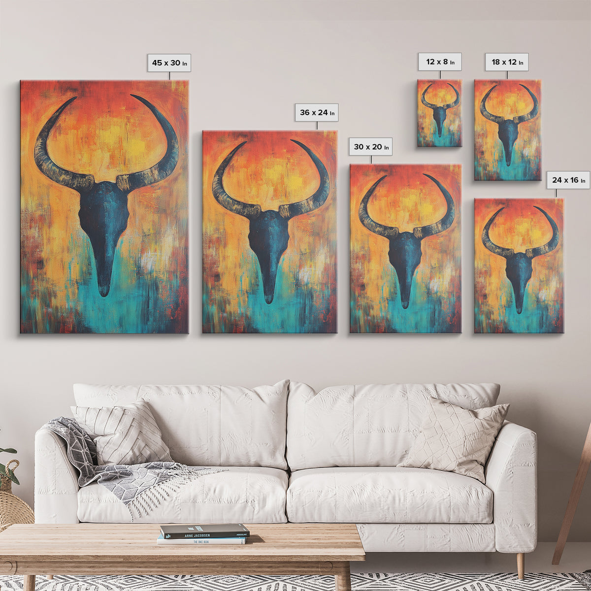 Bull skull painting, rustic wall art, western wall art, teal wall art, boho art, framed canvas print, farmhouse art, gift idea him