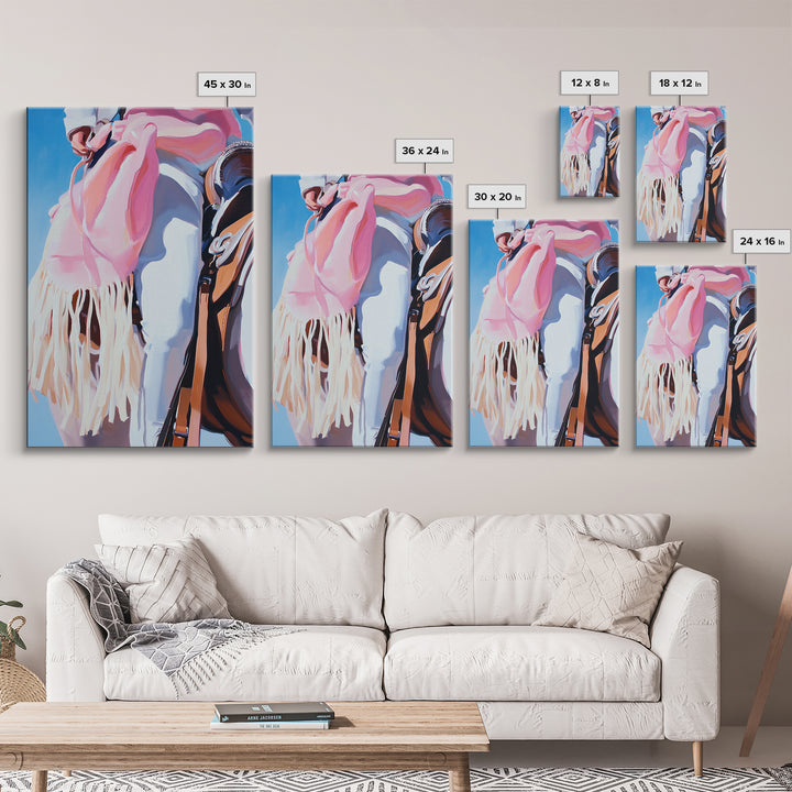 Cowgirl riding gear, western wall art, rustic decor, pink orange wall art, framed canvas print, cowboy decor, southwest wall art
