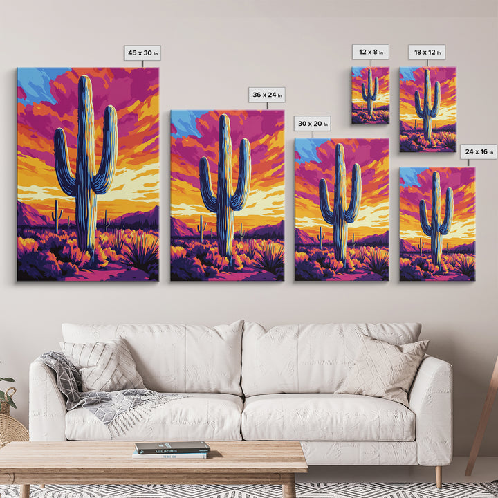 Saguaro Cactus, Desert Sunset, Vibrant Landscape, Southwest Wall Art, Canvas Print, Extra Wide Art, Rustic Decor, Joshua Tree Art