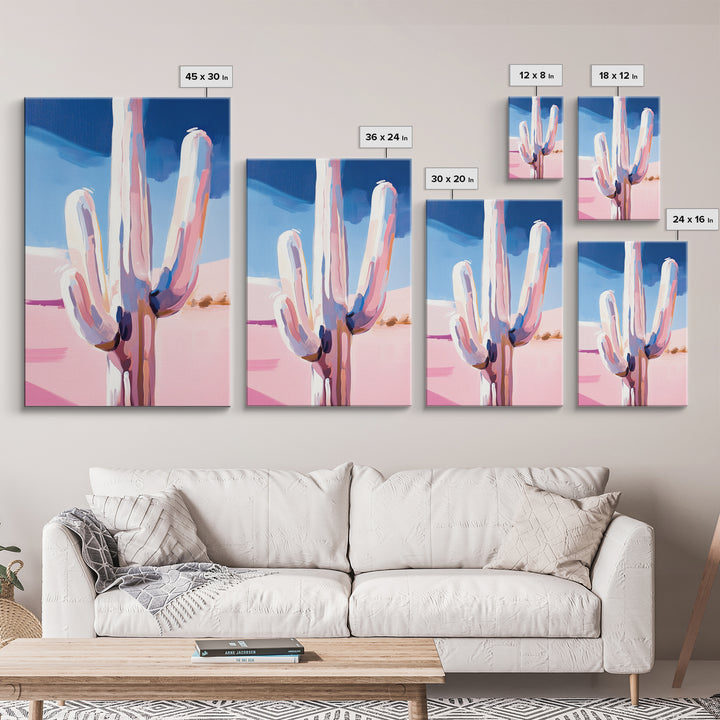 Abstract Cactus, Pastel Desert, Minimalist Landscape, Southwest Wall Art, Canvas Print, Vertical Wall Art, Boho Art, Light Pink Wall Art