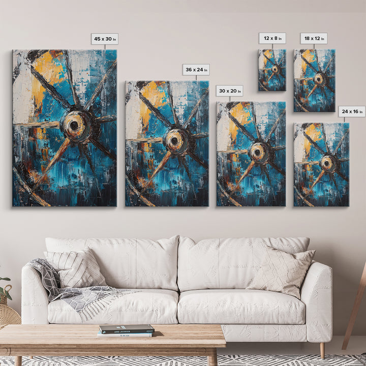 Abstract Wagon Wheel, Teal Wall Art, Rustic Art, Framed Canvas Print, Moody Aesthetic, Boho Decor, Farmhouse Art, Gift Idea