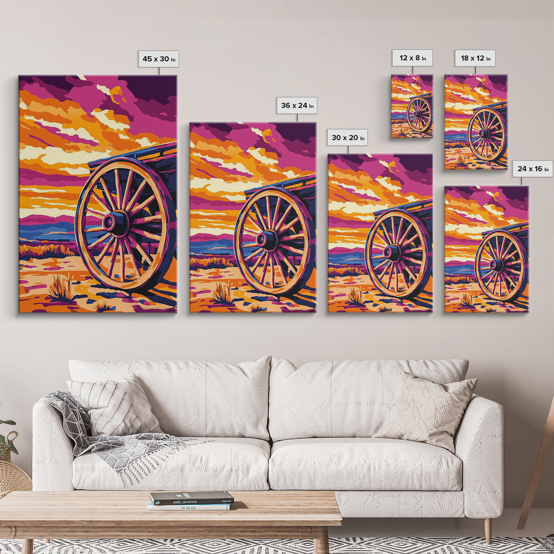 Vibrant Wagon Wheel, Pink Orange Wall Art, Boho Art, Framed Canvas Print, Southwest Aesthetic, Above Sofa Art, Rustic Decor, Gift Idea