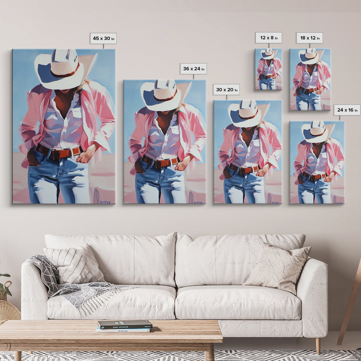 Cowgirl Painting, Coastal Cowgirl Wall Art, Western Decor, Framed Canvas Print, Rustic Aesthetic, Light Pink Wall Art, Gift Idea