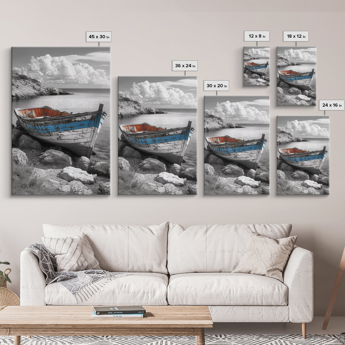 Rustic Boat Painting, Coastal Decor, Nautical Wall Art, Seascape Painting, Beach House Art, Gift Idea, Canvas Print, Wabi Sabi Art