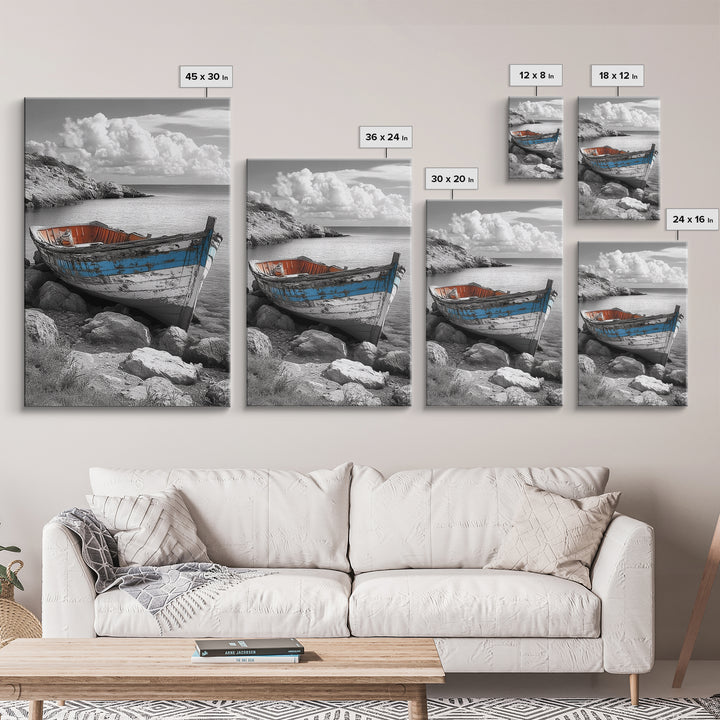 Rustic Boat Painting, Coastal Decor, Nautical Wall Art, Seascape Painting, Beach House Art, Gift Idea, Canvas Print, Wabi Sabi Art