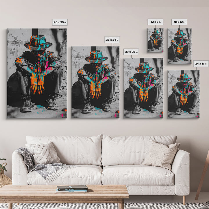 Colorful Cowboy, Graffiti Wall Art, Chicano Art, Modern Western Art, Moody Art, Rustic Decor, Urban Art, Canvas Print, Gift Idea