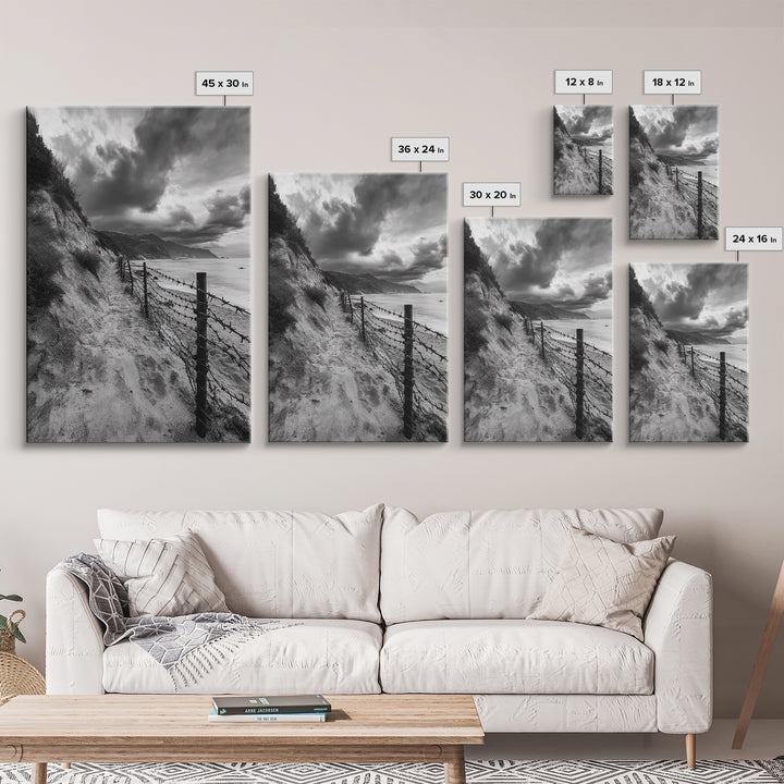 Coastal Path, stormy beach, dramatic sky, coastal wall art, black and white, framed canvas print, moody landscape, nautical decor