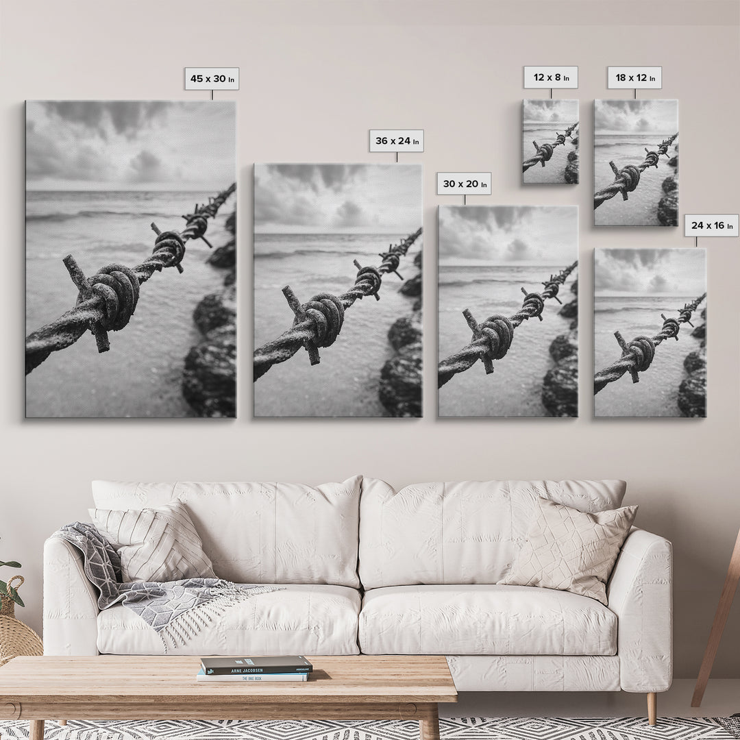 Barbed Wire, ocean view, rustic decor, coastal cowgirl wall art, wabi sabi art, moody photography, framed canvas print, minimalist art
