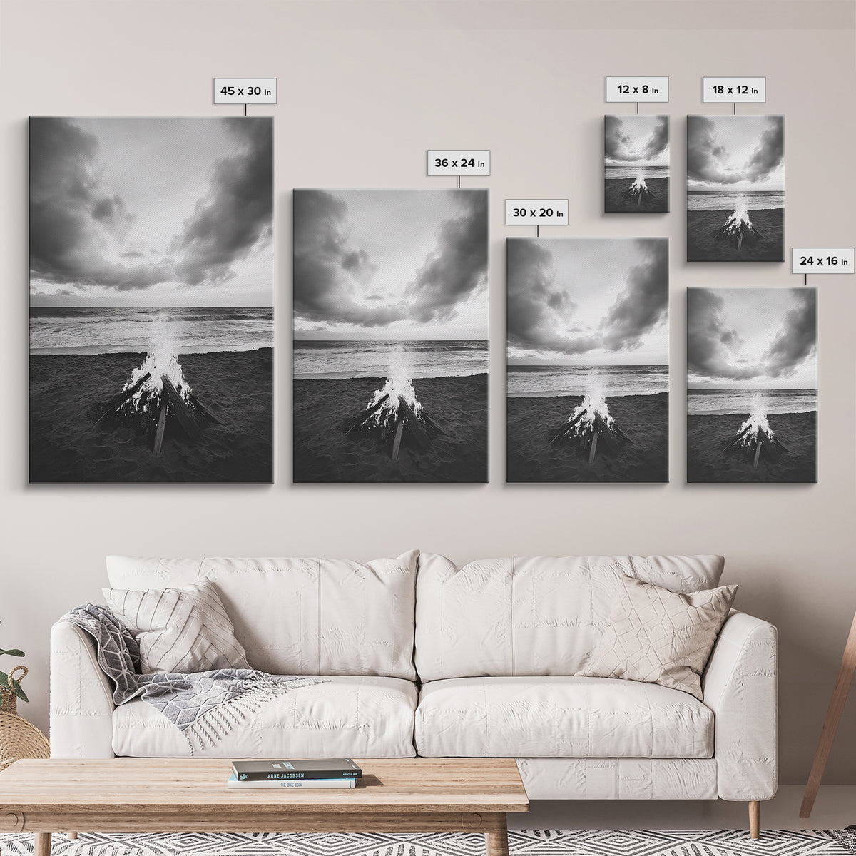 Beach Bonfire, coastal landscape art, rustic decor, moody art, dramatic seascape, black and white, framed canvas print, nautical wall art