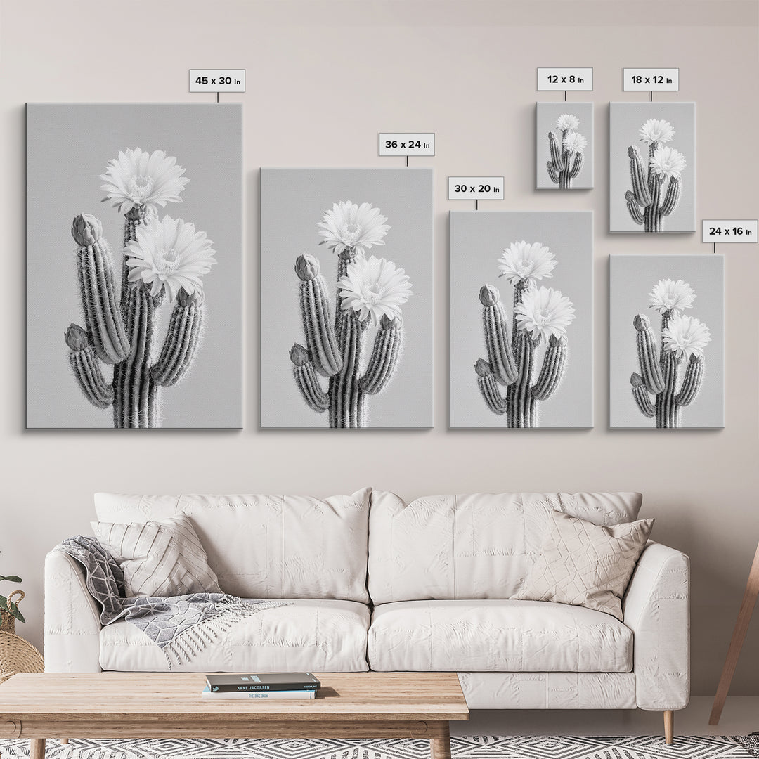 Cactus Bloom, desert botanical, minimalist art, black and white, southwest wall art, framed canvas print, vertical wall art, moody art