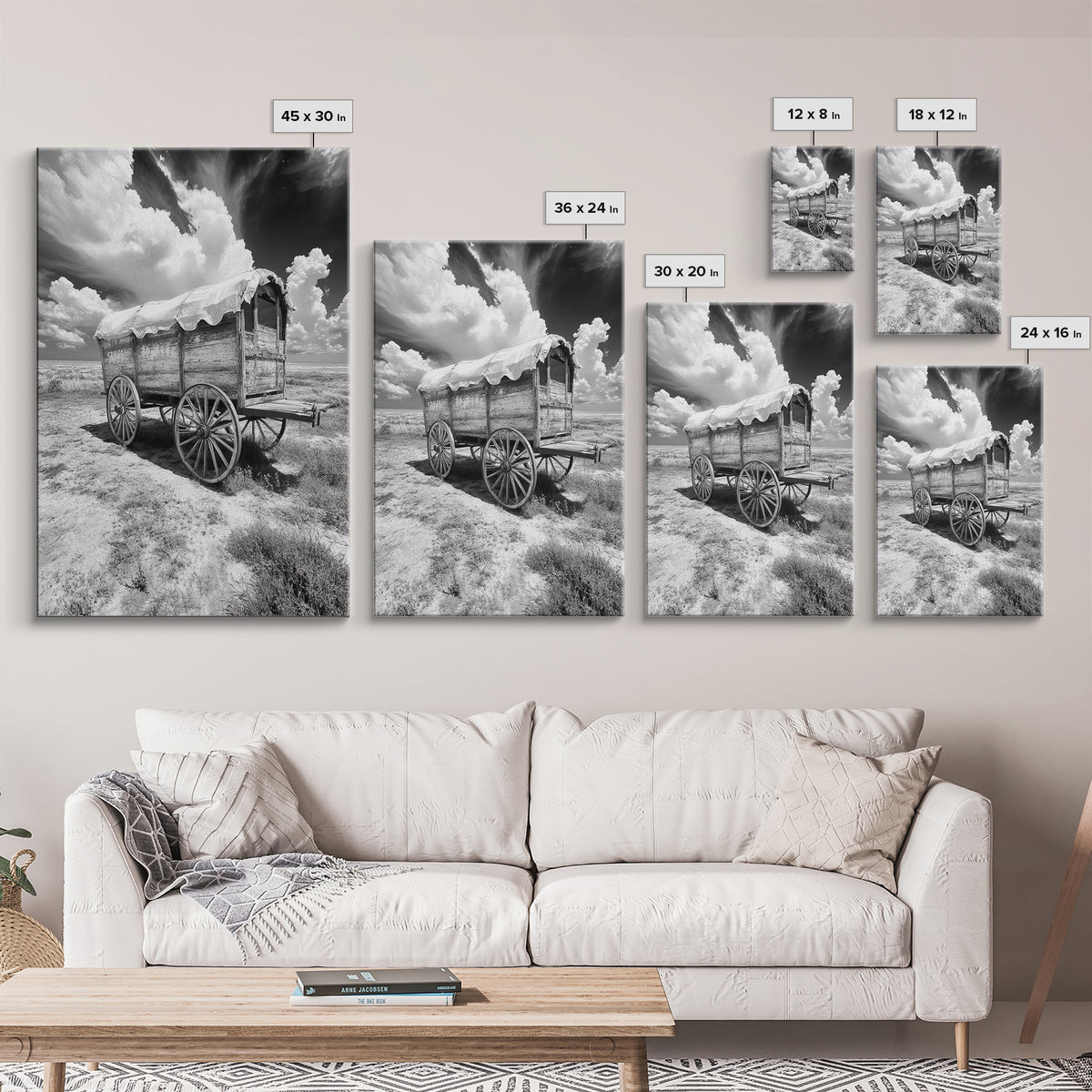 Covered wagon photography, rustic decor, framed canvas print, southwest wall art, farmhouse art, western aesthetic, black and white photography