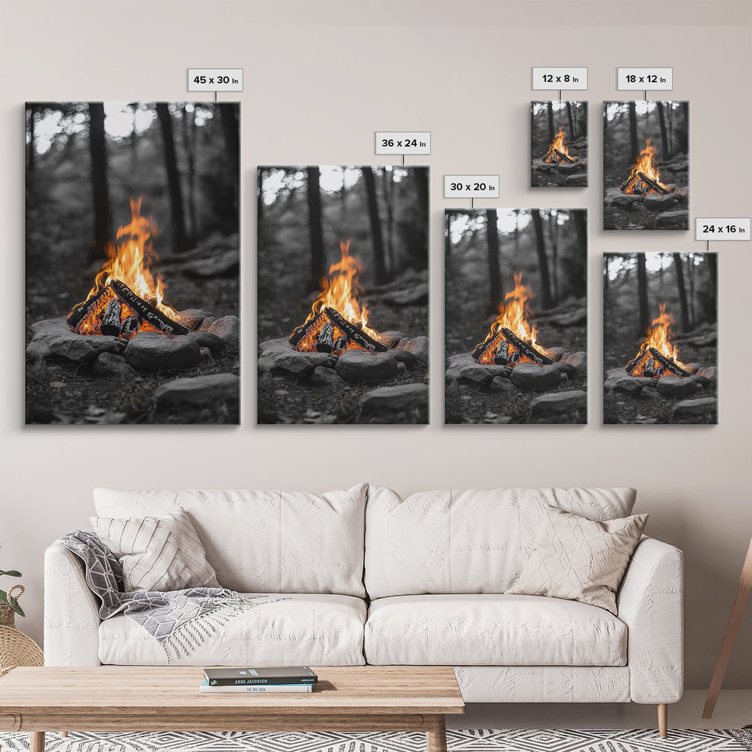 Campfire, rustic art, outdoor adventure, framed canvas print, wilderness decor, bonfire night, cozy cabin wall art, moody art, fall vibes