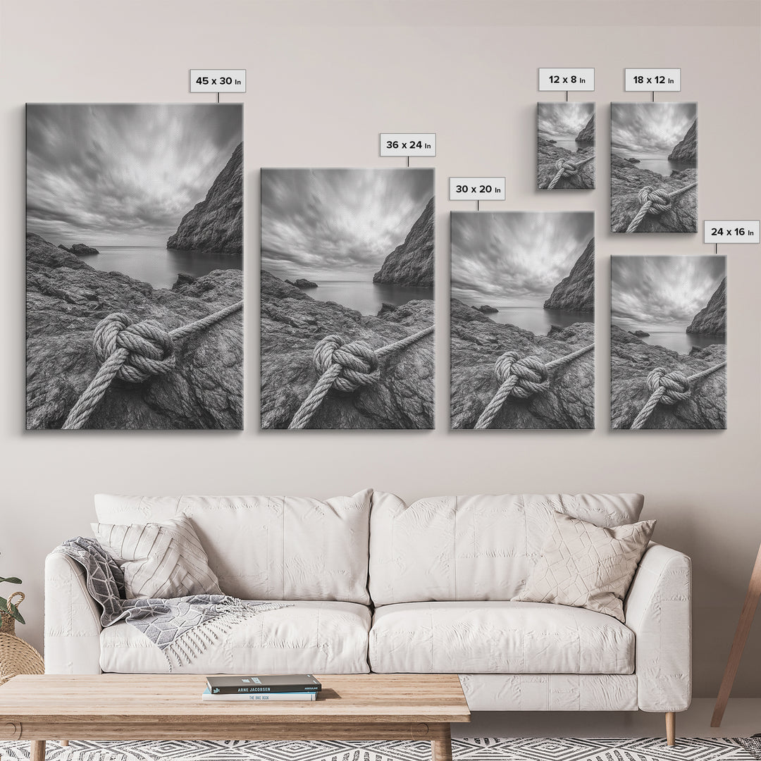 Nautical art, rope knot, coastal decor, moody art, wabi sabi art, rustic photography, living room art, canvas print, panoramic wall art