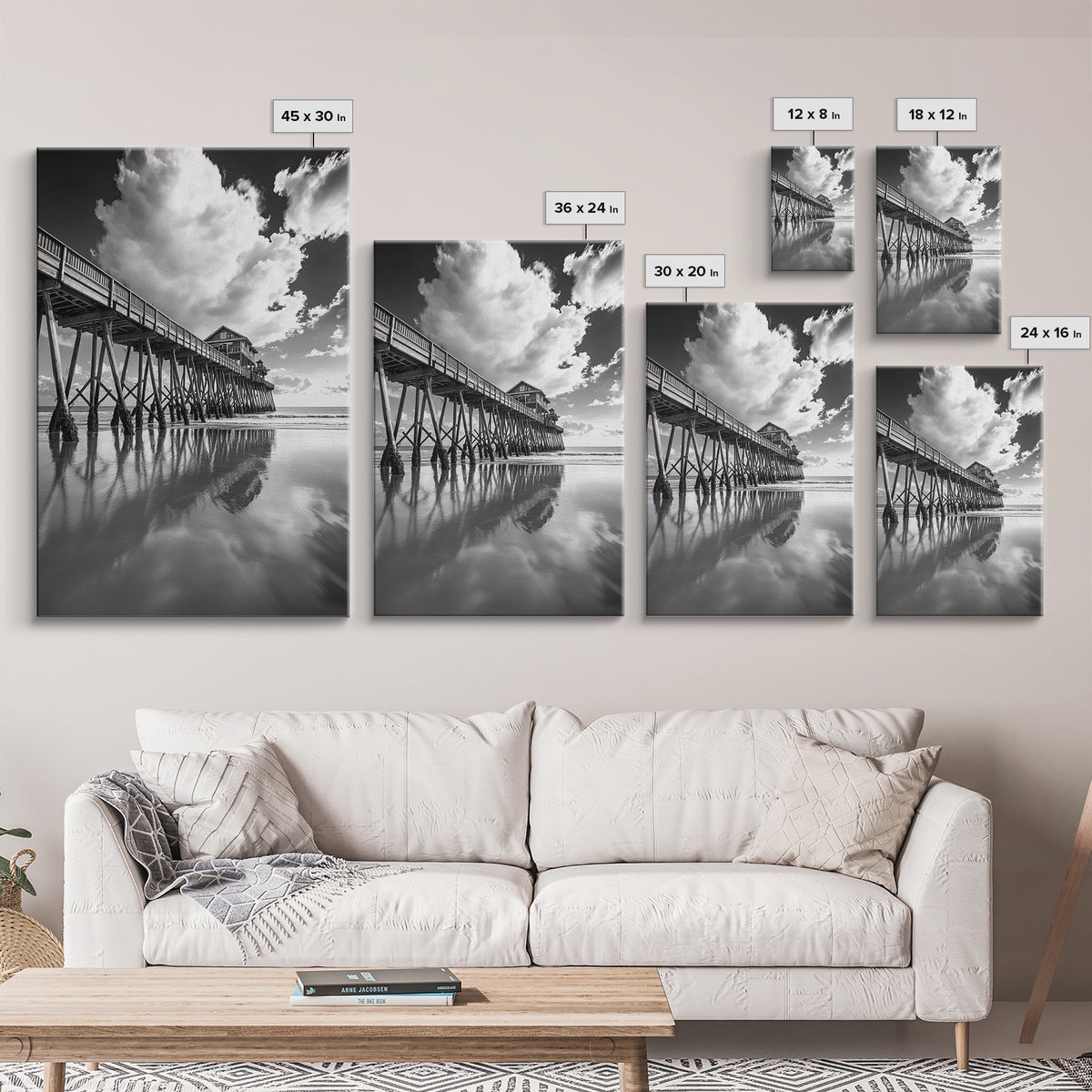 Pier reflection, seascape painting, nautical decor, rustic wall art, black and white photography, extra wide art, framed canvas print