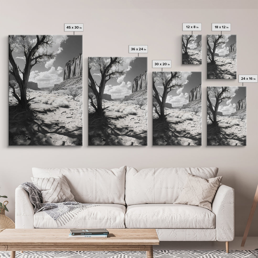 Desert landscape, Joshua tree art, western wall art, framed canvas print, southwest decor, black and white nature, rustic desert scene