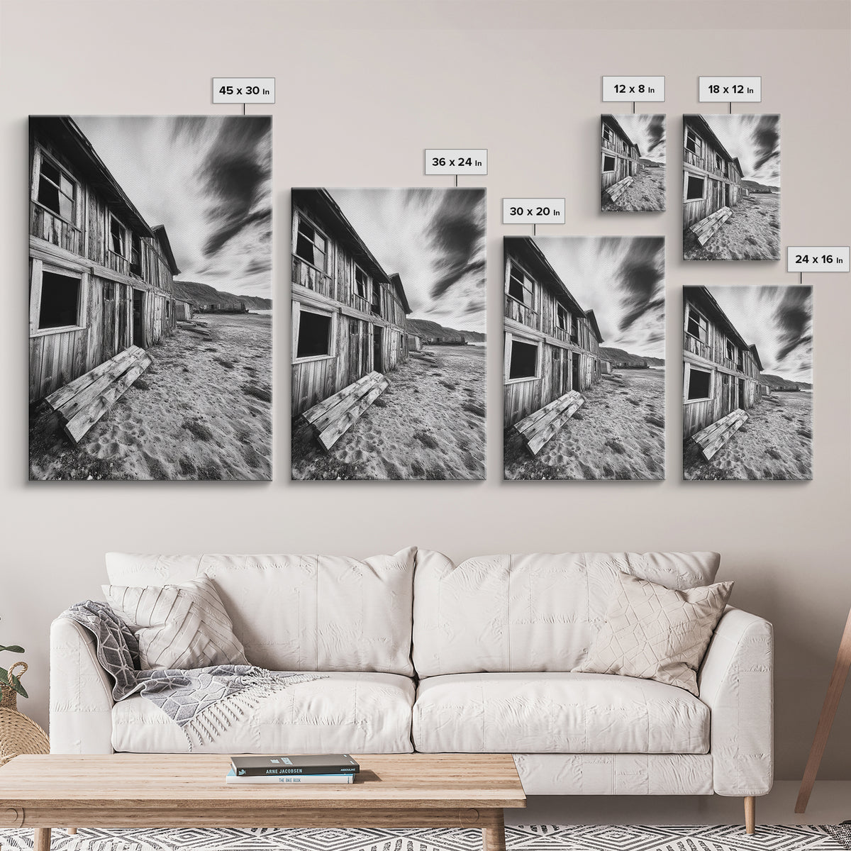 Rustic barn, farmhouse art, abandoned building, vintage Christmas, moody art, black and white wall art, wabi sabi wall art, framed canvas print