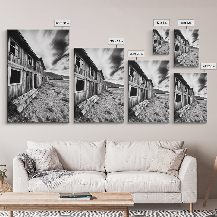 Rustic barn, farmhouse art, abandoned building, vintage Christmas, moody art, black and white wall art, wabi sabi wall art, framed canvas print