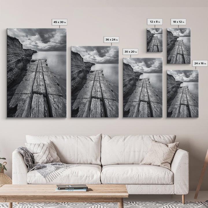 Cliffside view, nautical decor, rustic photography, seascape painting, wabi sabi art, black and white art, canvas print, above sofa art