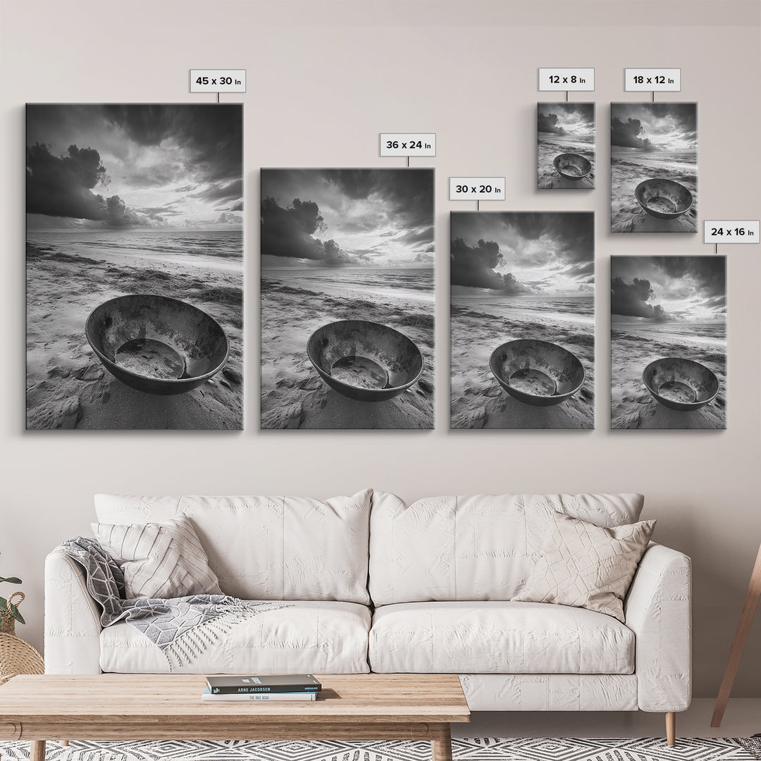 Beach bowl, wabi sabi wall art, coastal decor, moody art, minimalist art, black and white photography, framed canvas print, extra wide art