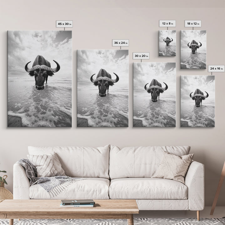 Buffalo art, bull and bear art, moody photography, black and white wall art, unique wildlife art, wabi sabi art, canvas print, farmhouse decor