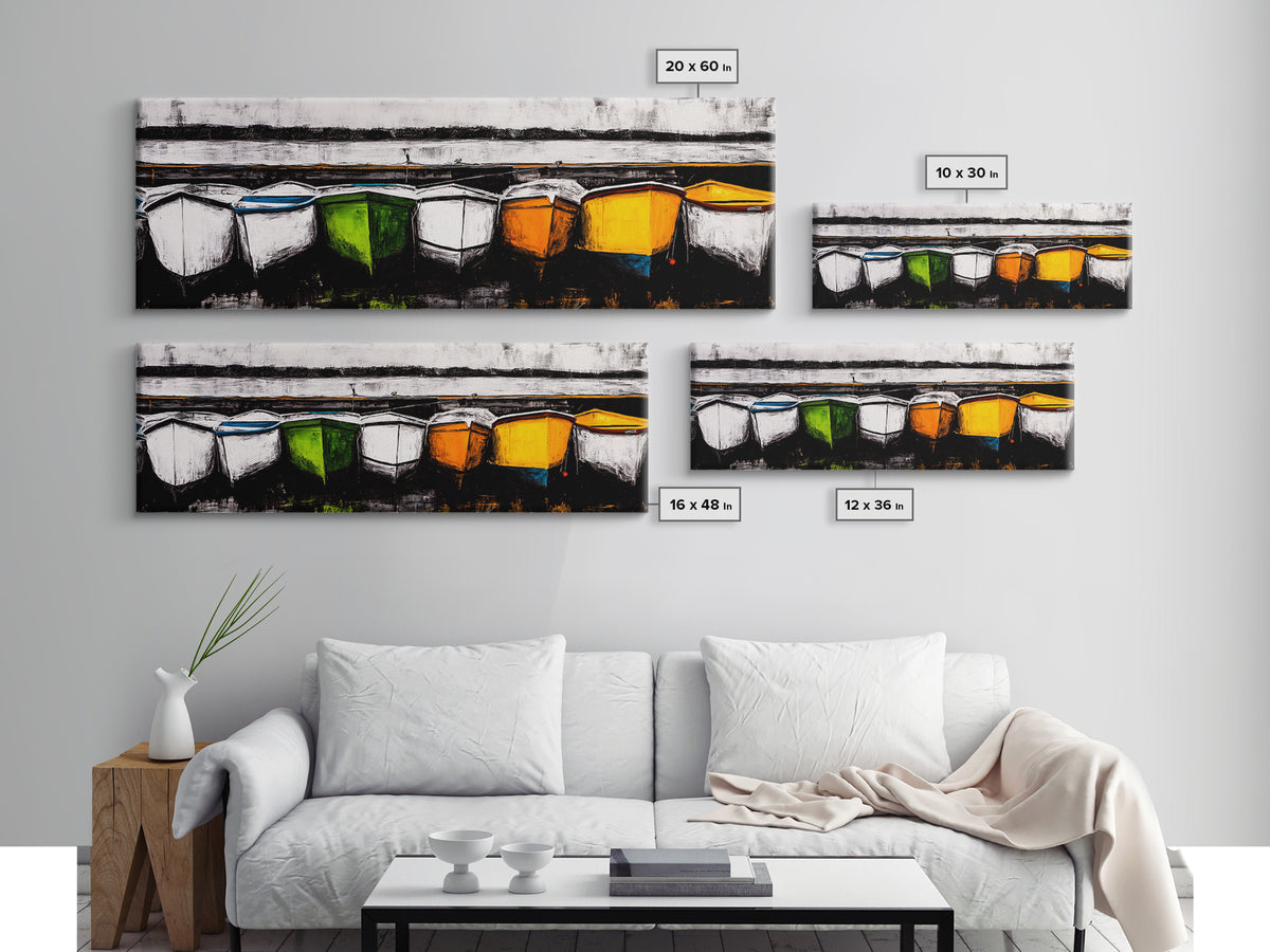 Boats at Dock, nautical painting, coastal wall art, rustic art, extra wide art, panoramic painting, above sofa art, Canvas Print
