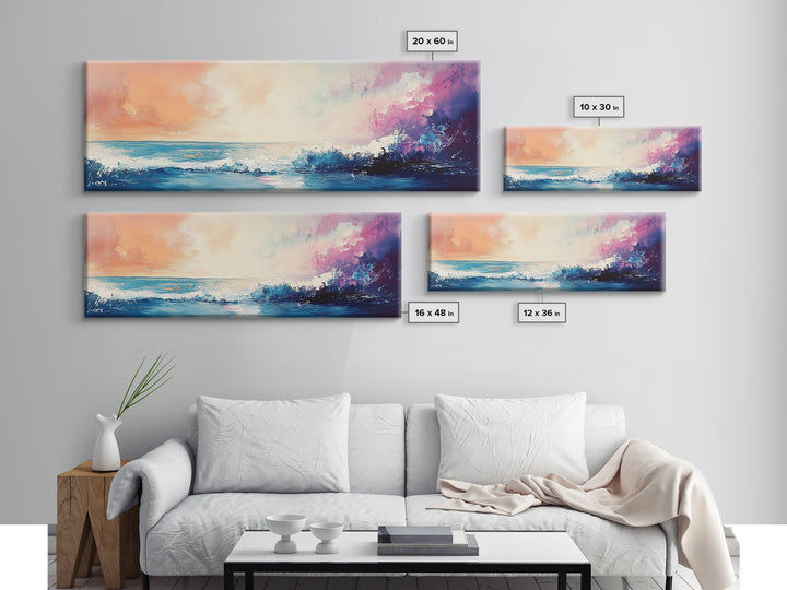 Ocean Sunset Waves, coastal painting, seascape painting, nautical wall art, pink orange wall art, extra wide art, Canvas Print
