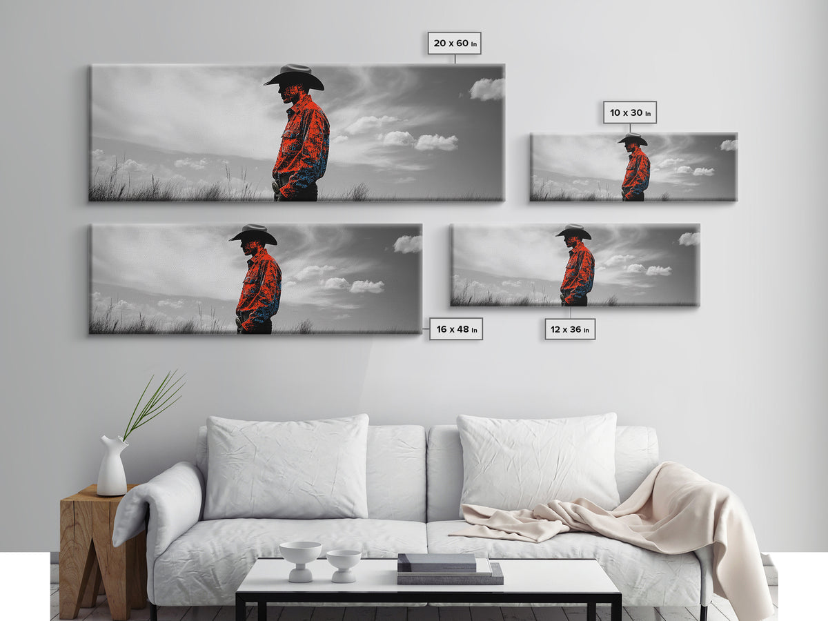 Cowboy Silhouette, Western Wall Art, Ranch Life Art, Moody Art, Southwestern Decor, Extra Wide Art, Rustic Wall Art, Canvas Print