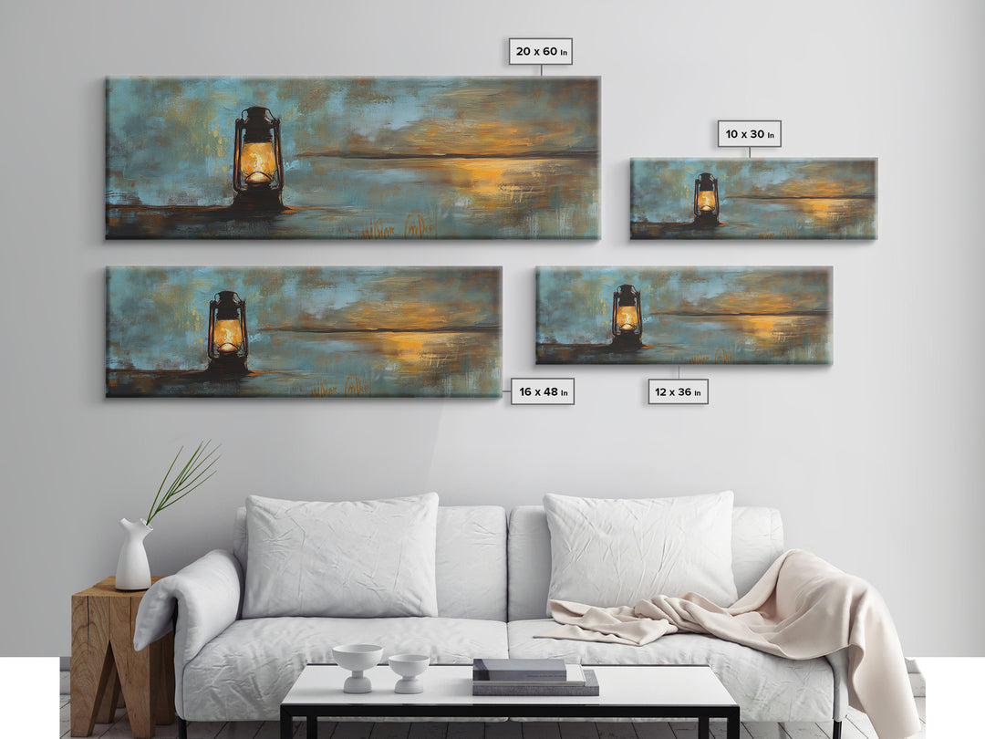 Lantern, rustic art, moody art, oil painting, long narrow wall art, extra wide art, above sofa art, Framed Canvas Print