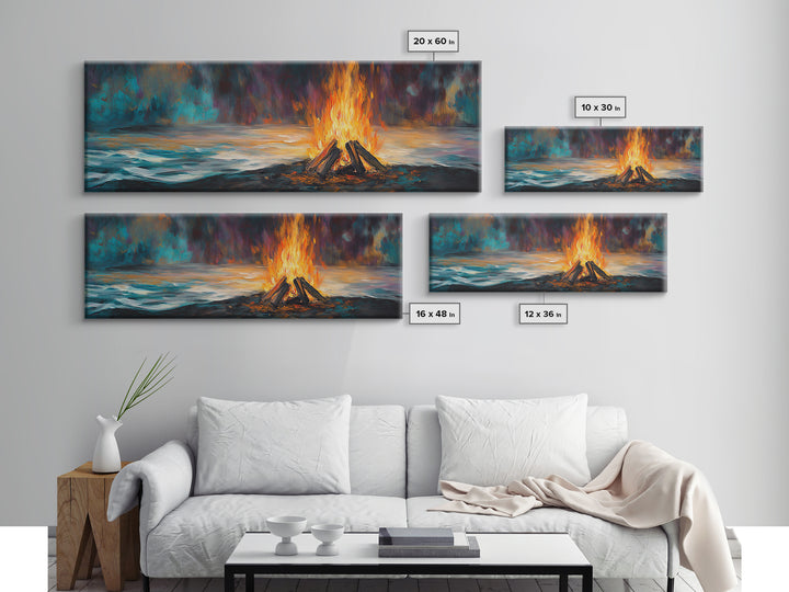 Bonfire, moody art, coastal landscape art, rustic decor, extra wide art, above bed wall art, gift idea for him, Canvas Print