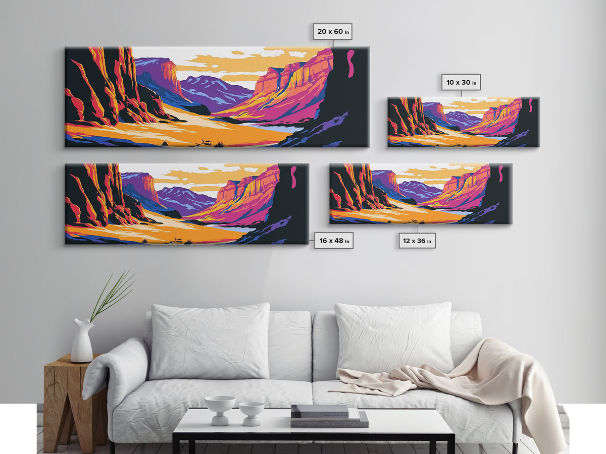 Canyon, mountain painting, pink orange wall art, southwest wall art, above couch art, panoramic art, Joshua tree art, Canvas Print