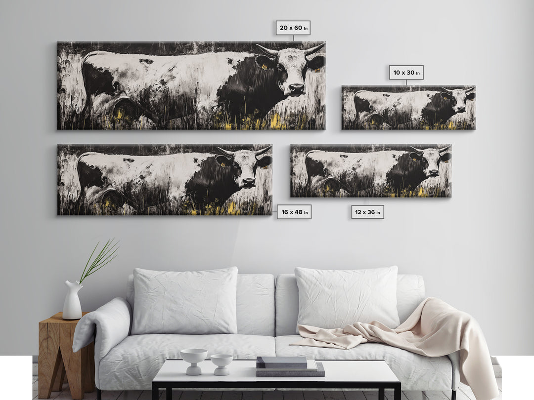 Black and White Cow, farmhouse art, rustic wall art, extra wide art, wabi sabi art, vintage horse art, Canvas Print
