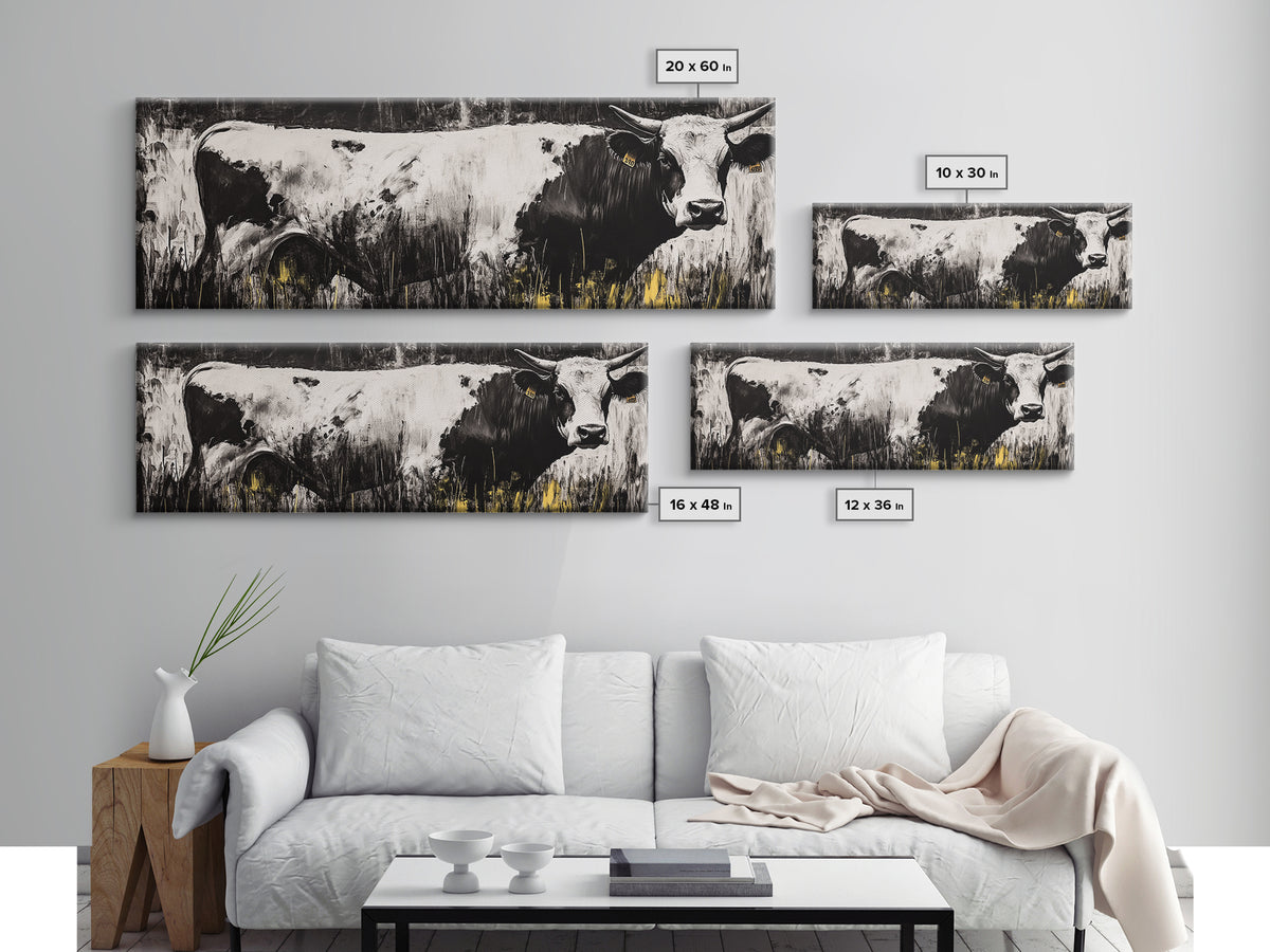 Black and White Cow, farmhouse art, rustic wall art, extra wide art, wabi sabi art, vintage horse art, Canvas Print