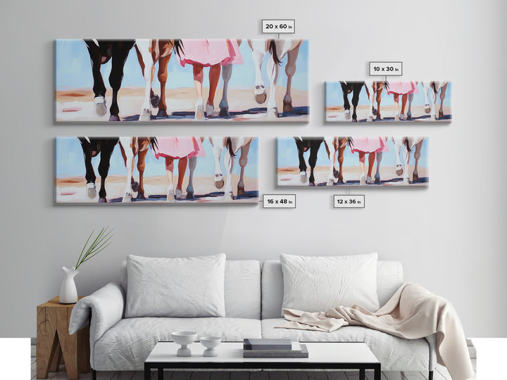 Horse Walk, western art, cowboy painting, rustic decor, extra wide art, panoramic art, framed canvas print, long narrow wall art