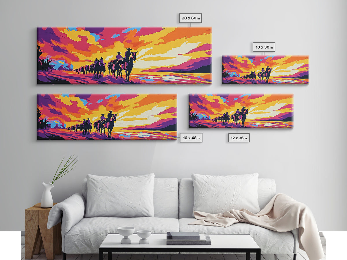 Cowboy Trail, sunset painting, southwest wall art, western decor, gift idea, extra wide art, panoramic painting, canvas print, rustic art