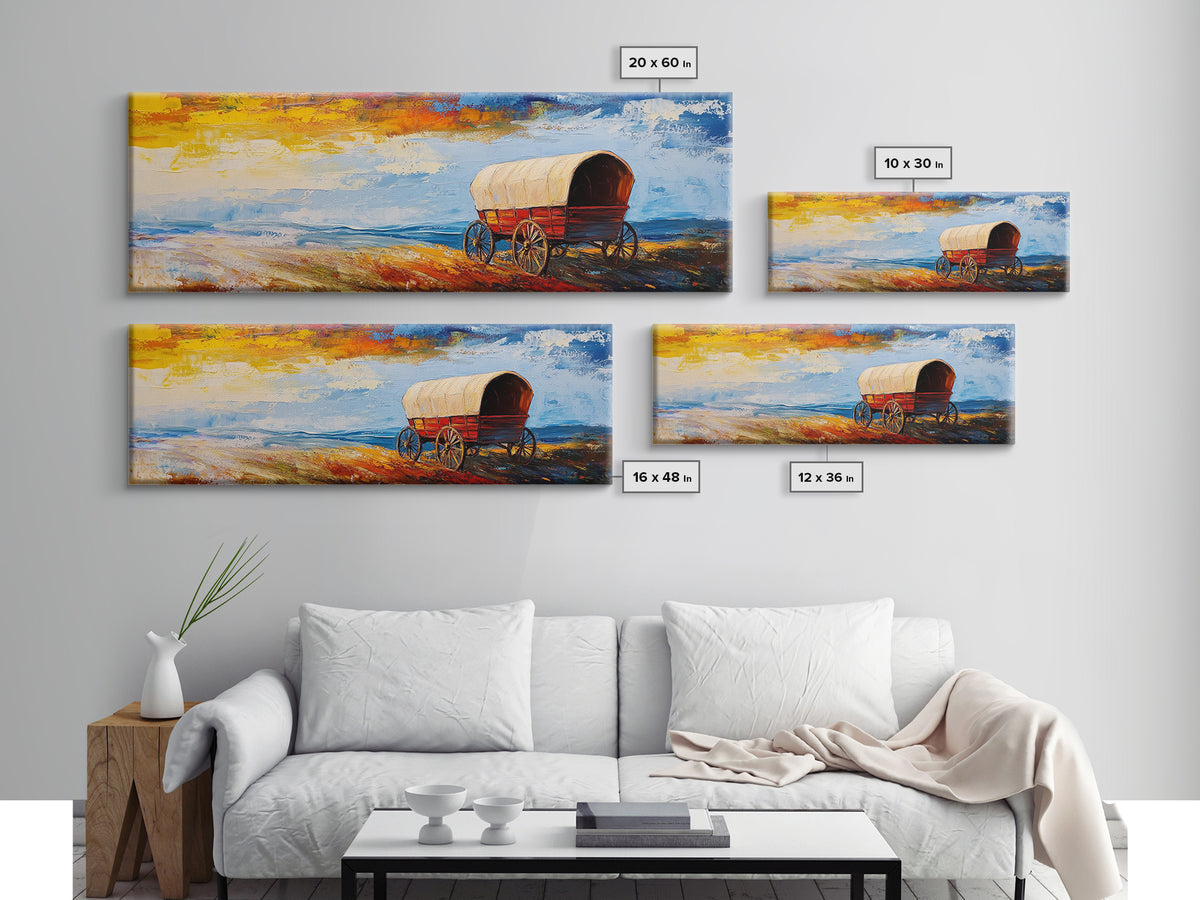 Country Wagon, coastal decor, rustic wall art, panoramic painting, barn landscape oil painting, boho art, Framed Canvas Print, gift idea