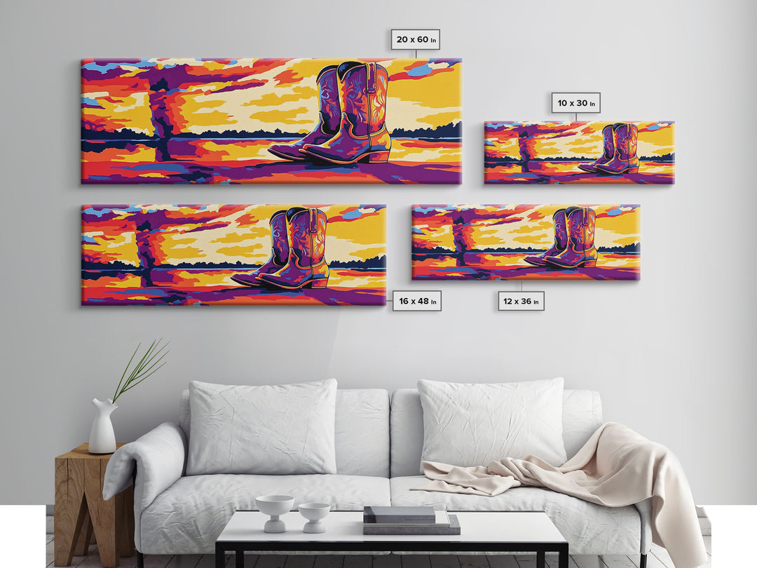 Cowboy Boots Art, Pink Orange Wall Art, Coastal Cowgirl Wall Art, Framed Canvas Print, Western Decor, Extra Wide Art, Rustic Art