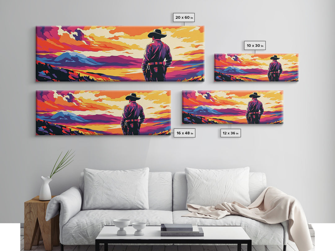 Cowboy Sunset, Pink Orange Wall Art, Coastal Cowgirl Wall Art, Canvas Print, Southwest Wall Art, Extra Wide Art, Western Decor