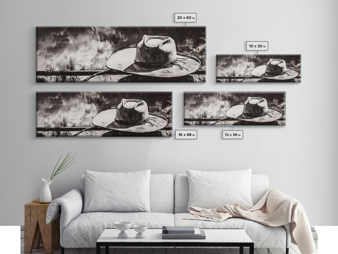 Western Hat Art, Black and White Art, Framed Canvas Print, Rustic Wall Art, Wabi Sabi Art, Extra Wide Art, Minimalist Art