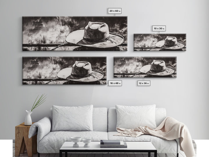 Western Hat Art, Black and White Art, Framed Canvas Print, Rustic Wall Art, Wabi Sabi Art, Extra Wide Art, Minimalist Art