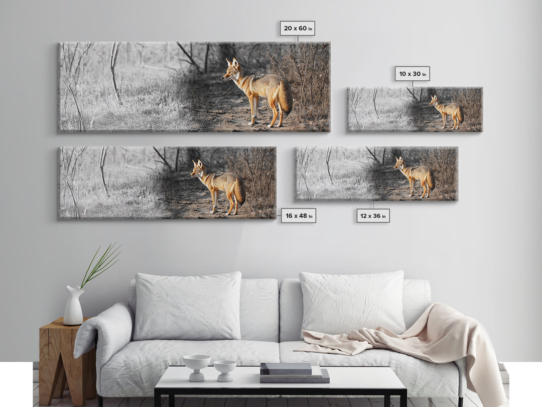 Coyote in Forest, Wildlife Wall Art, Rustic Decor, Nature Art, Moody Art, Extra Wide Art, Panoramic Art, Framed Canvas Print