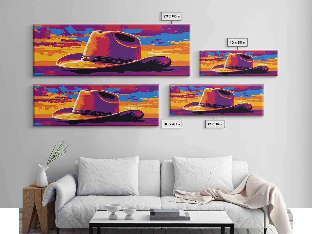 Cowboy Hat at Sunset, Pink Orange Wall Art, Blotter Art, Canvas Print, Southwest Wall Art, Extra Wide Art, Coastal Cowgirl Wall Art
