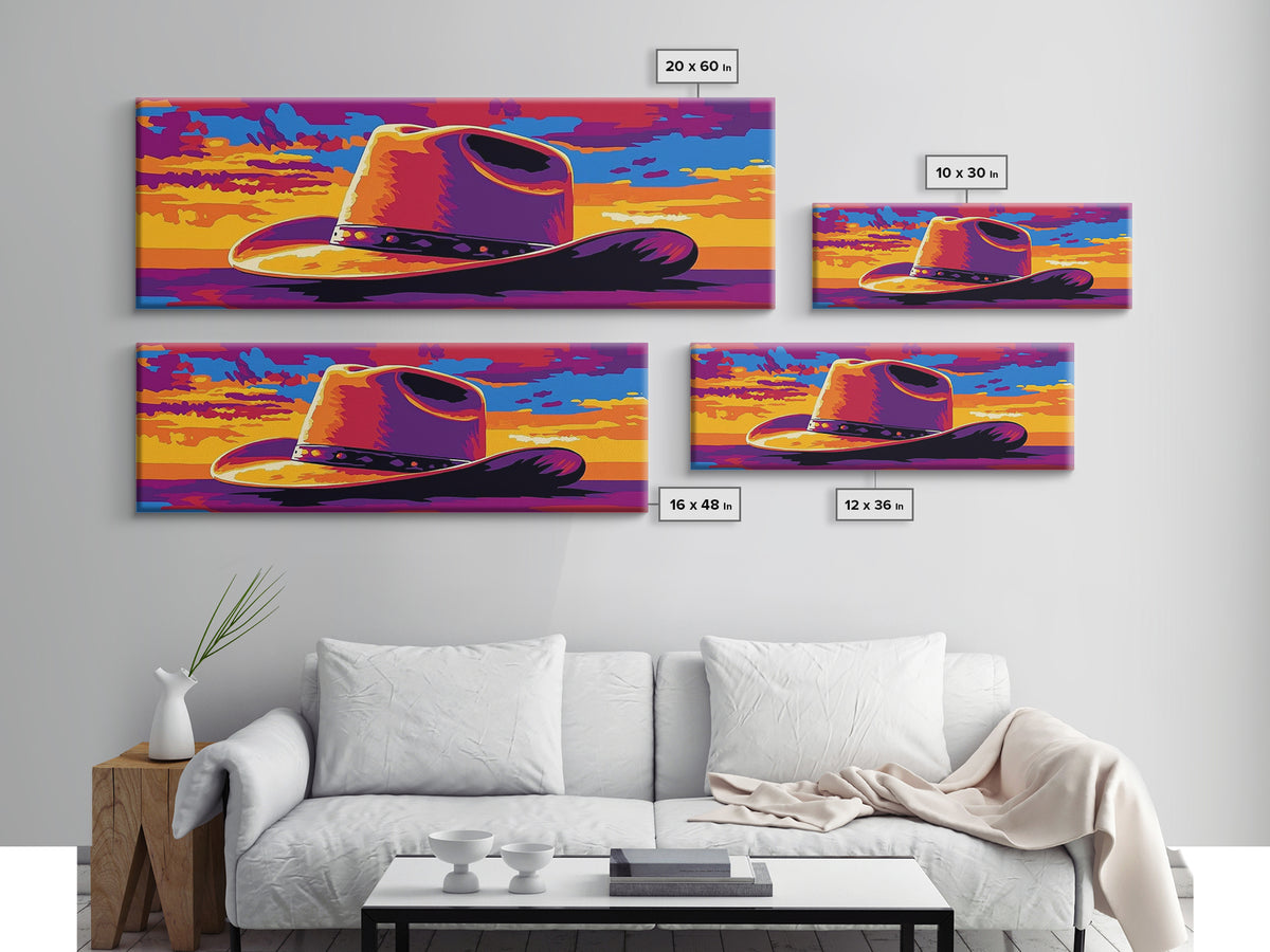Cowboy Hat at Sunset, Pink Orange Wall Art, Blotter Art, Canvas Print, Southwest Wall Art, Extra Wide Art, Coastal Cowgirl Wall Art