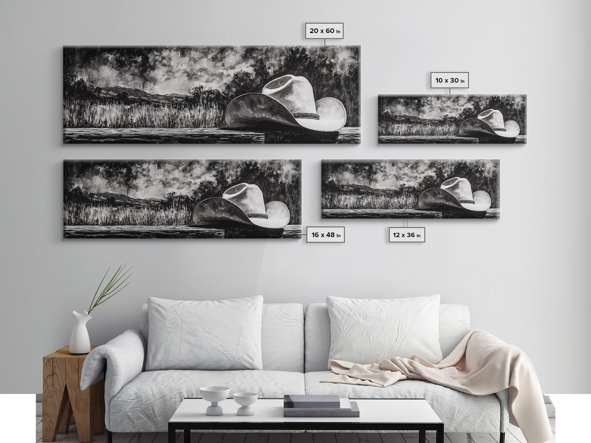 Black and White Art, cowboy hat painting, rustic decor, farmhouse art, extra wide art, panoramic art, framed canvas print, landscape painting