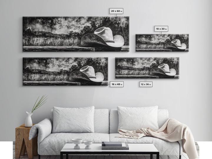 Black and White Art, cowboy hat painting, rustic decor, farmhouse art, extra wide art, panoramic art, framed canvas print, landscape painting