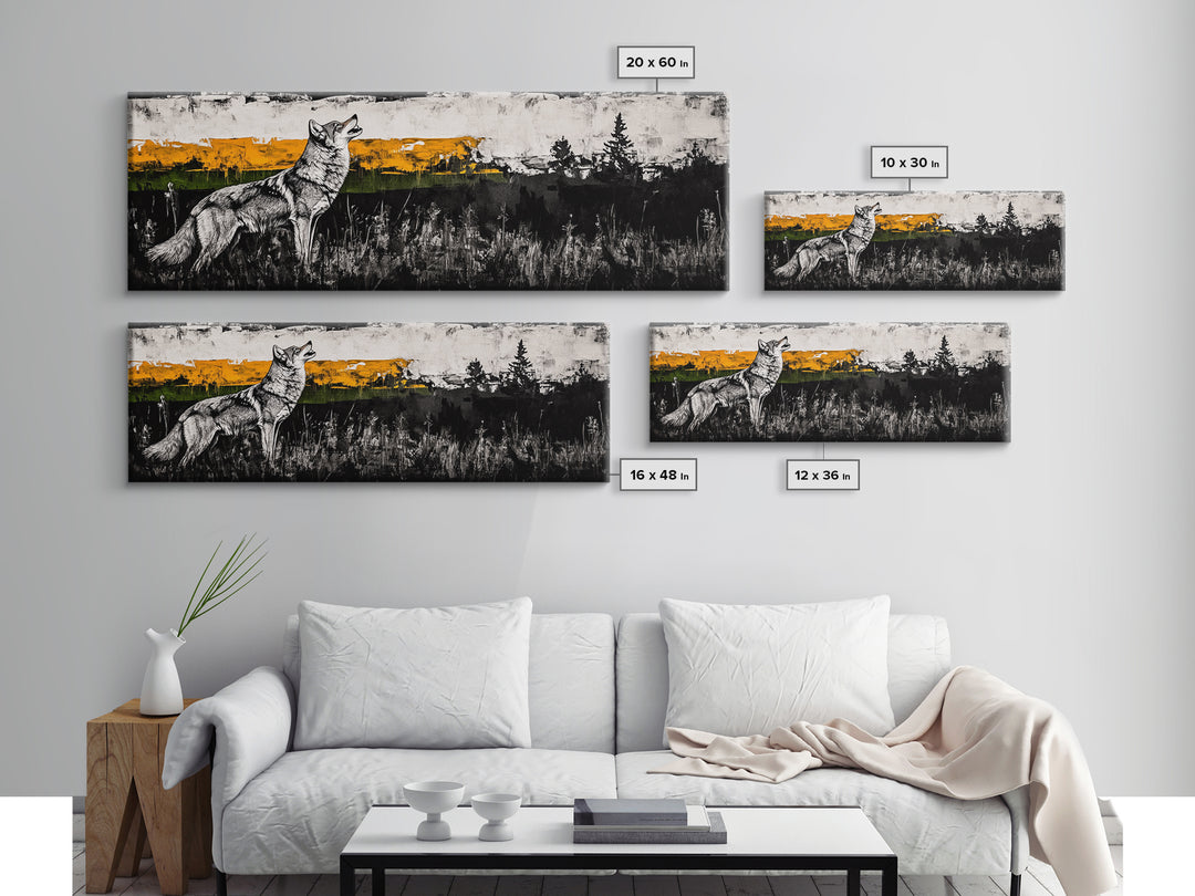 Howling Wolf Art, coyote painting, southwest wall art, rustic decor, black and white art, extra wide art, framed canvas print, panoramic painting