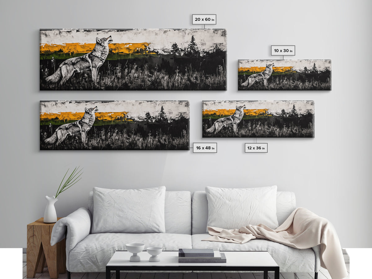 Howling Wolf Art, coyote painting, southwest wall art, rustic decor, black and white art, extra wide art, framed canvas print, panoramic painting
